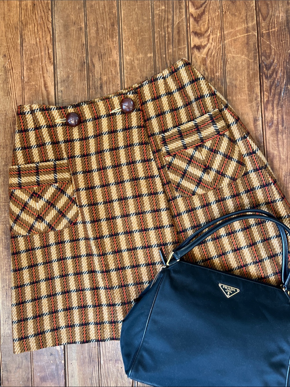 Vintage 70s Evan-Picone mini skirt wrap Plaid Wool brown black